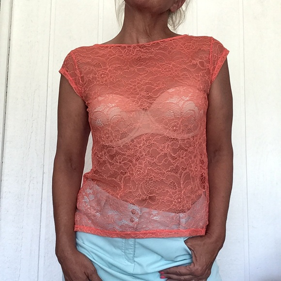 MODA INTERNATIONAL FOR VICTORIAS SECRET SHEER ORANGE LACE SLEEVELESS TOP SMALL - Picture 4 of 11